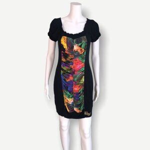 COOGI Ruched Peasant Top Mini Dress Black Floral - M